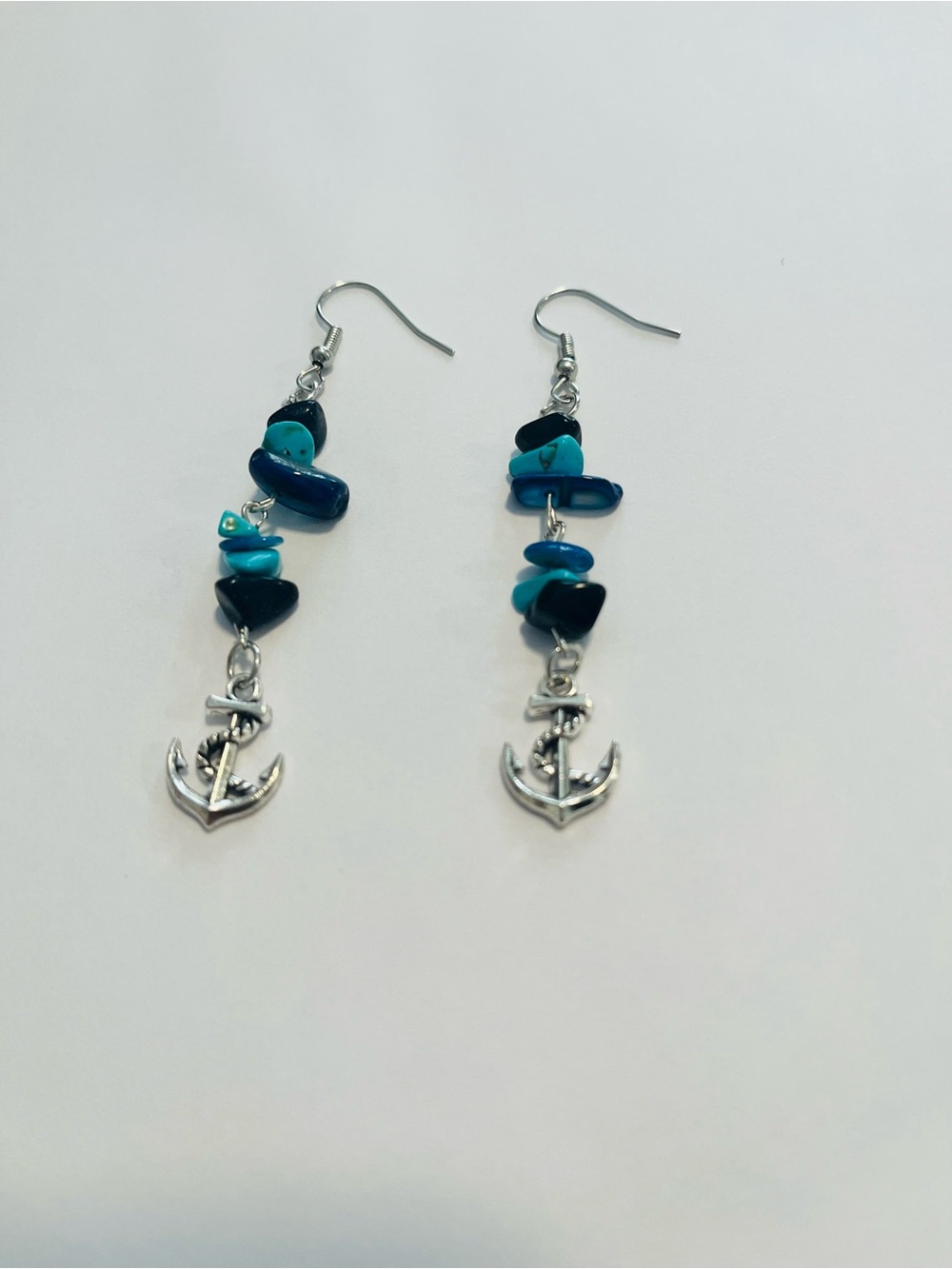 Nautical Anchor Dangle Earrings Turquoise Navy Silver Handmade